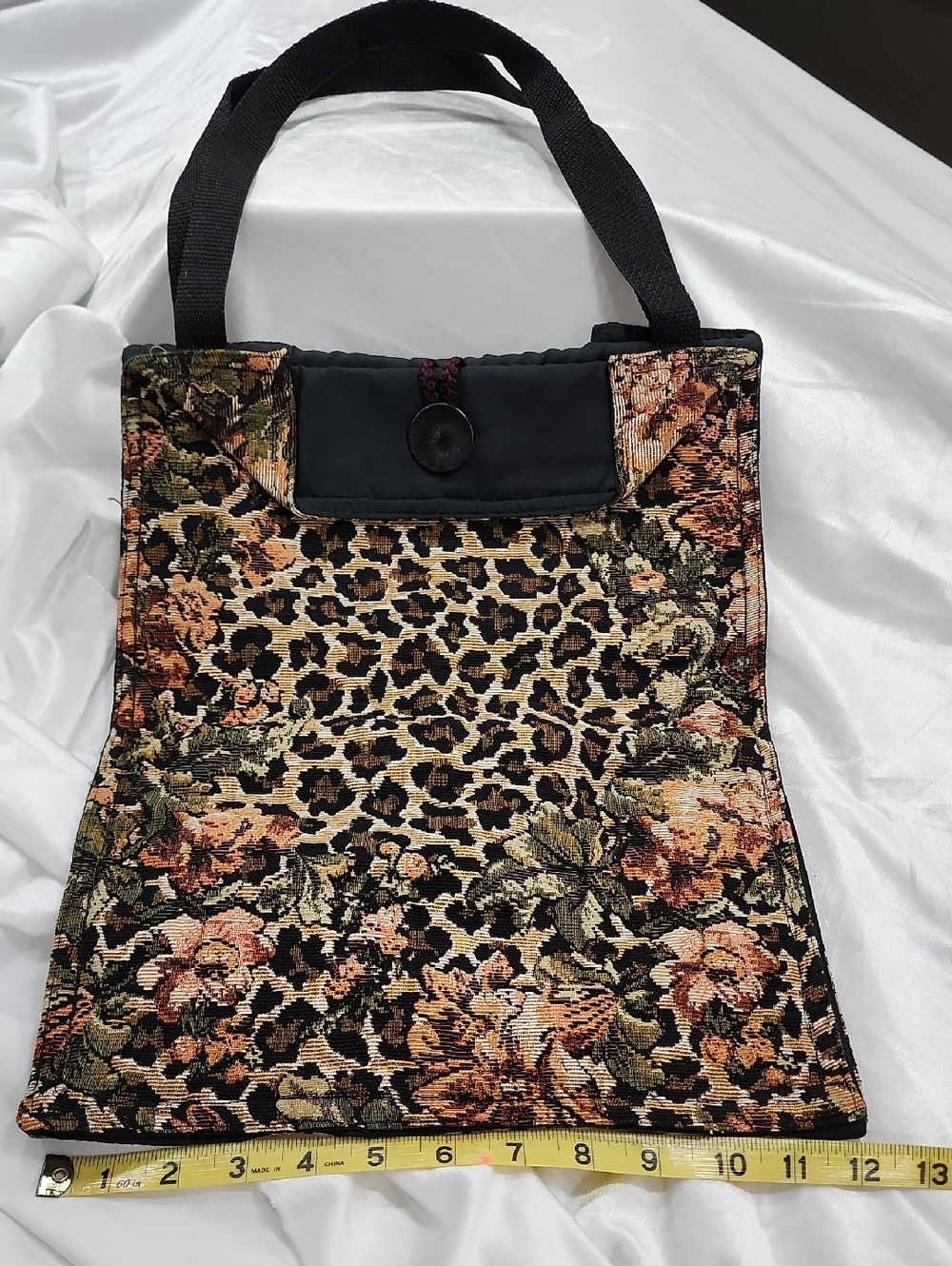 Unusual Tall Tapestry Bag Adorned W/ Button Loop Closure. Cotton Canvas Straps.